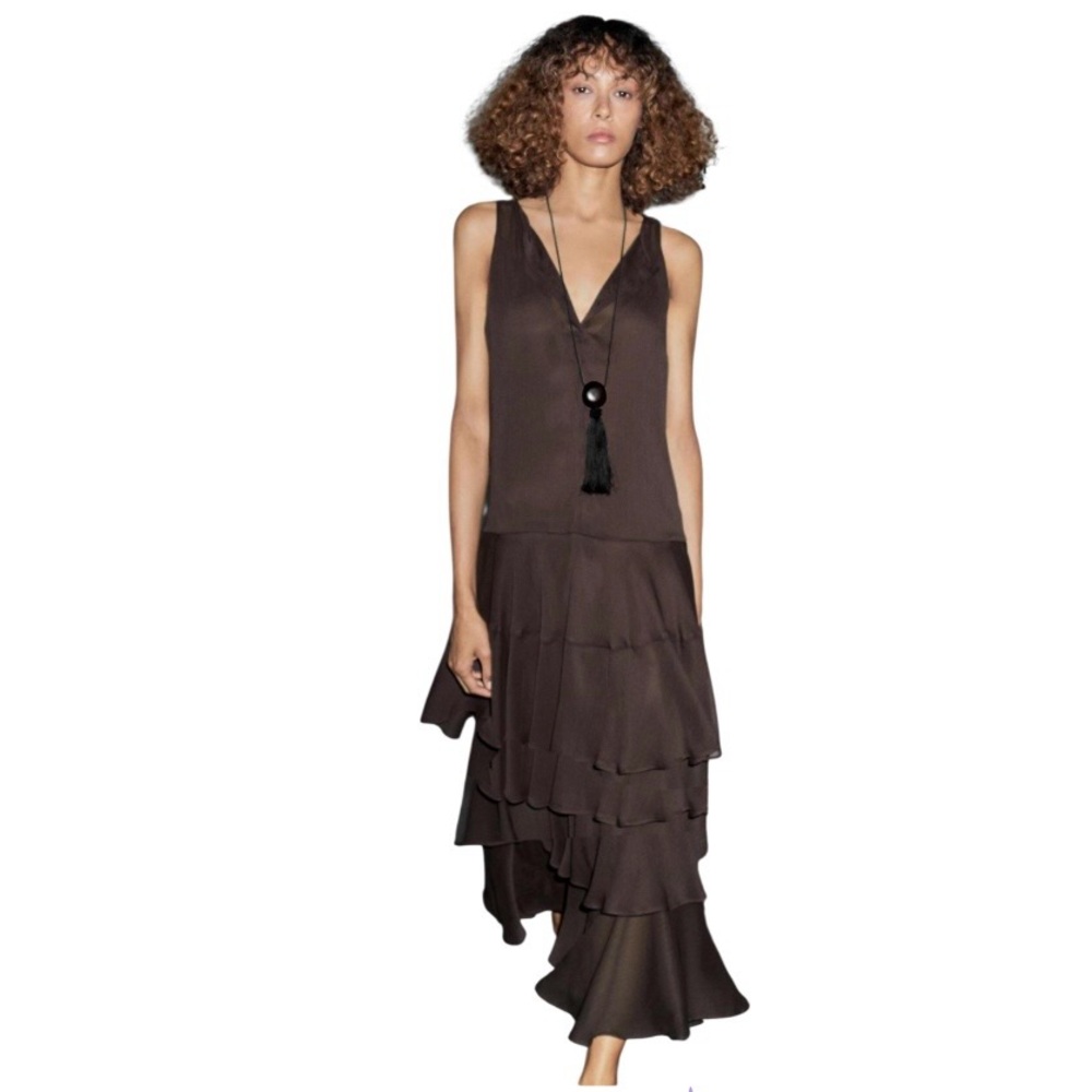 Massimo Dutti Chocolate Brown Long Flowing Dress with Ruffles
